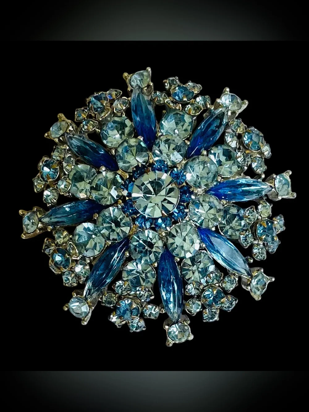 Vintage Mid-Century Sapphire Blue Floral Sunburst Rhinestone Brooch